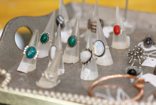 turquoise and moonstone silver rings on ring holders