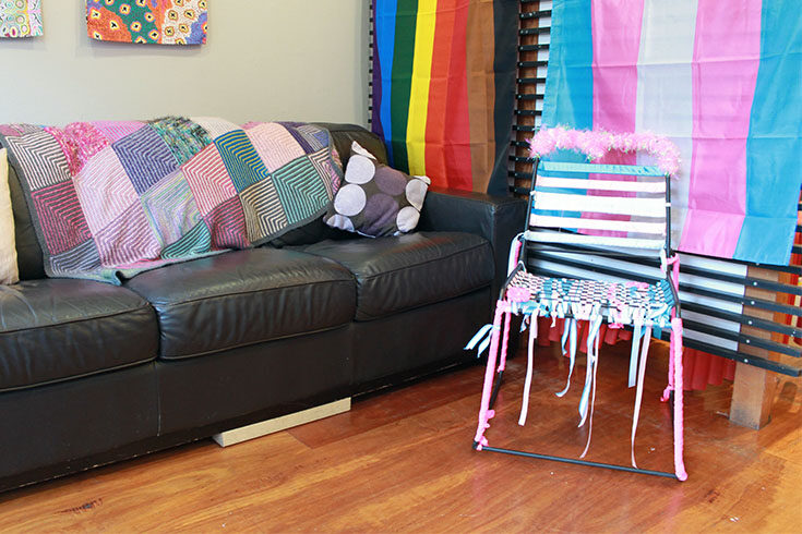 chair decorated in trans flag colours Chair decorated in the colours of the trans flag at our Women's House