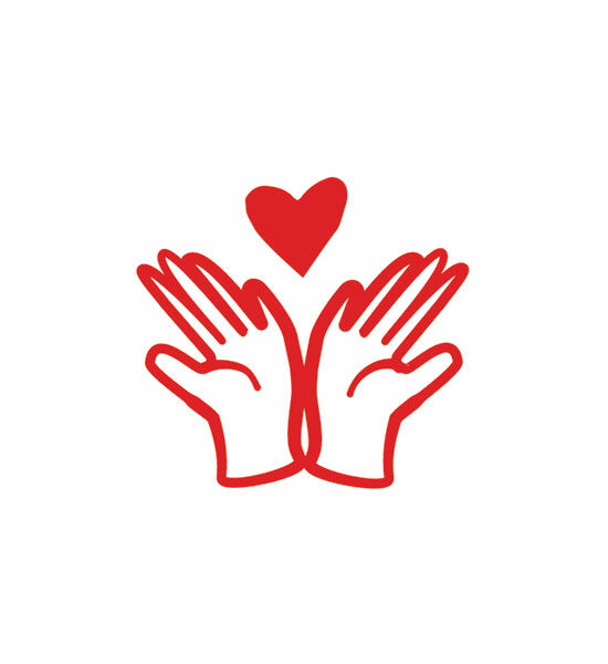 Red icon of two hands holding a heart