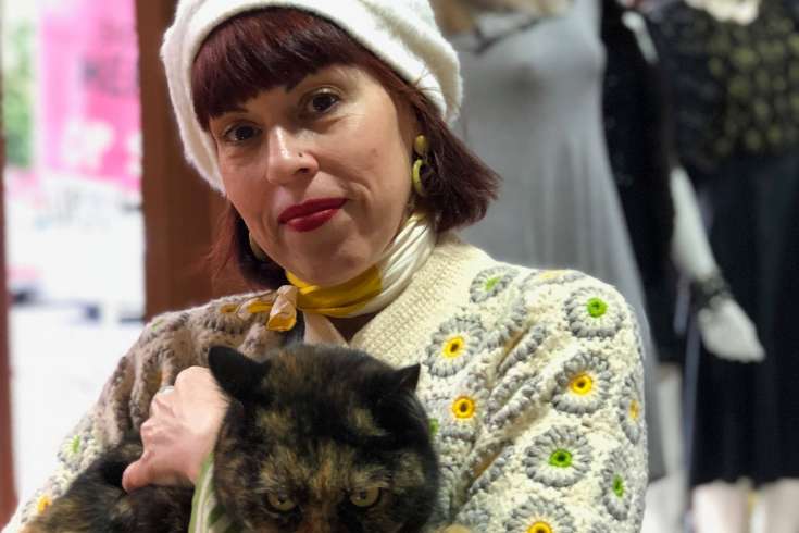 Tracey Tracey in the op shop with a furry friends