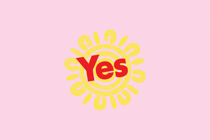 voice-to-parliament-yes A yellow circle with a 'Yes' written in red at its centre, on a purple background. The image symbolises support for the Voice to Parliament referendum.