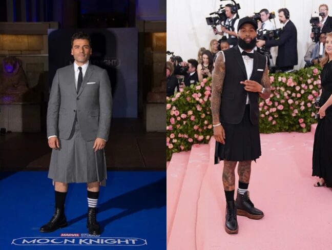 Actor Oscar Isaac wearing a grey kilt skirt at the premiere of Moon Knight in London in March 2022. NFL star Odell Beckham Jr. wearing a black skirt at the Met Gala in 2019.