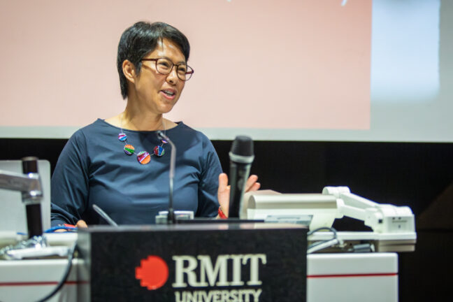 Hang Vo delivering an oration at the launch of the RMIT Social Equity Research Centre