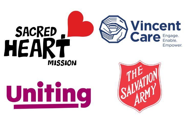 J2SIConsortium Logos for Sacred Heart Mission, VincentCare, Uniting and Salvation Army